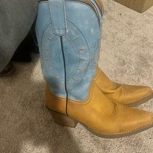 blue and brown cowgirl boots, gold stitching
